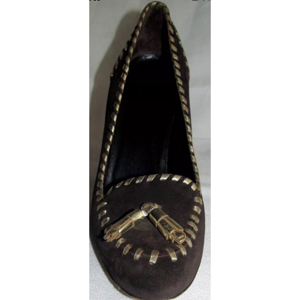 GUCCI Brown Suede Tassel Loafer Gold Stitch Heel Pumps Shoes Womens Size 6B 6 B - Picture 4 of 15